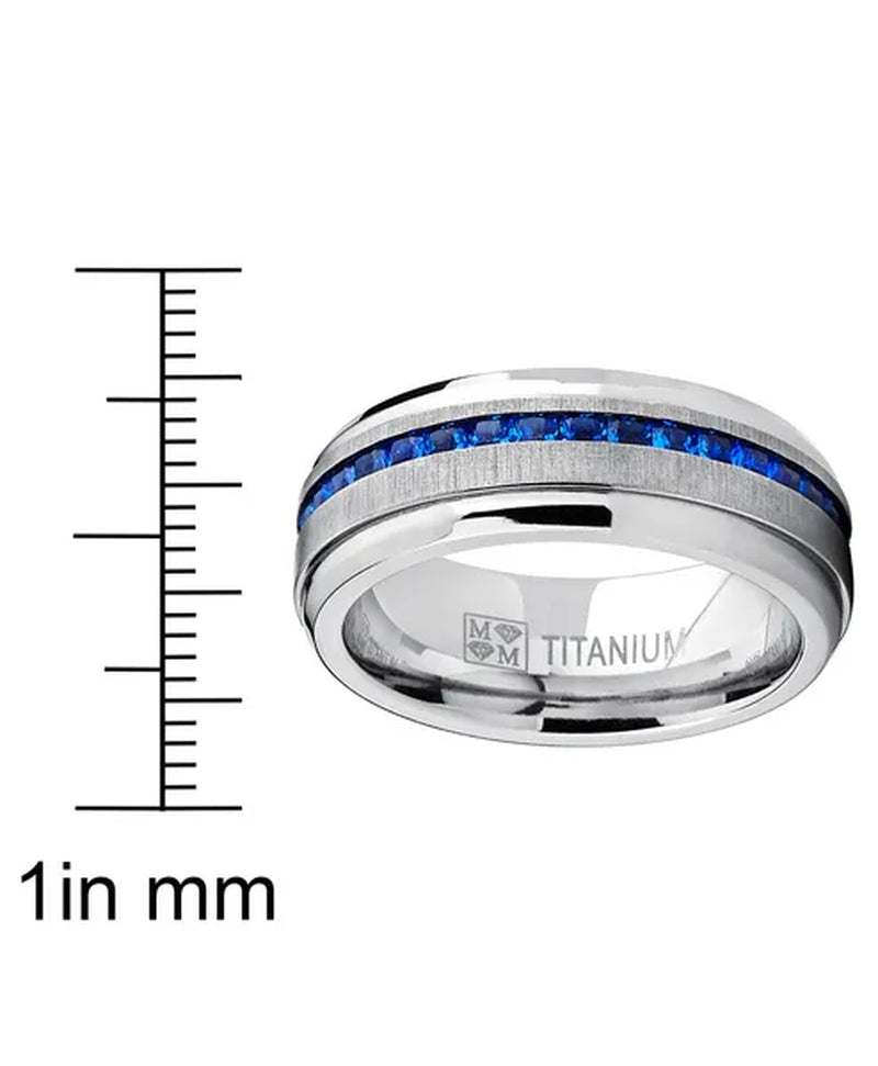 Men's 2.4Ct Eternity Titanium Wedding Band Engagement Ring W/ Blue Simulated Sapphire Cubic Zirconia Princess CZ