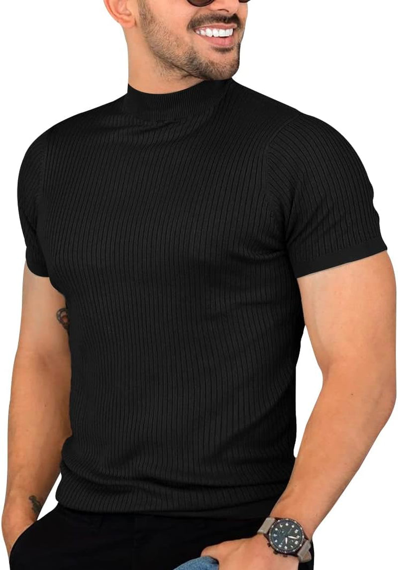 Mens Casual Slim Fit Basic Tops Short Sleeve Shirt Turtleneck T Shirts Rib Knitted Stretch Pullover Sweater