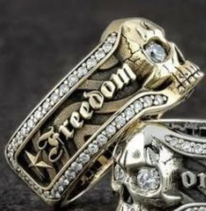 Vintage Stainless Steel Micro Inlaid Cubic Zirconia Gothic "Freedom or Death" Skeleton Skull Cocktail Rider Statement Halloween Christmas Ring Gift