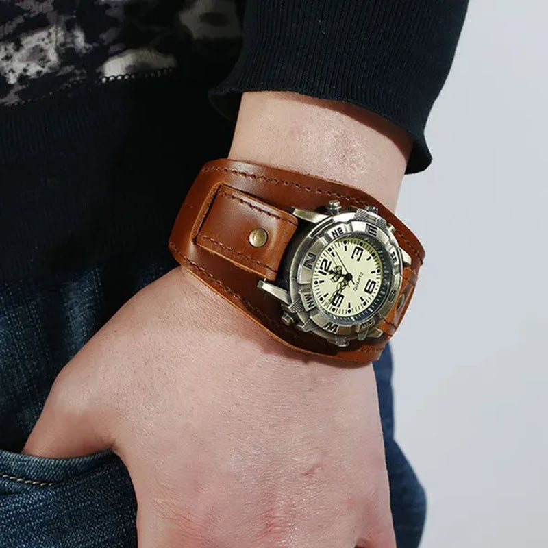 Vintage Retro Big Wide Genuine Leather Strap Watch Men Punk Quartz Cuff Watch Wristwatches Bracelet Bangle Relogio Masculino