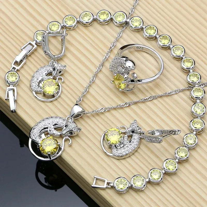 Women 925 Sterling Silver Bridal Jewelry Sets Yellow Topaz Charm Earring Necklace for Women Party Fox Shaped Ring Bracelet Set