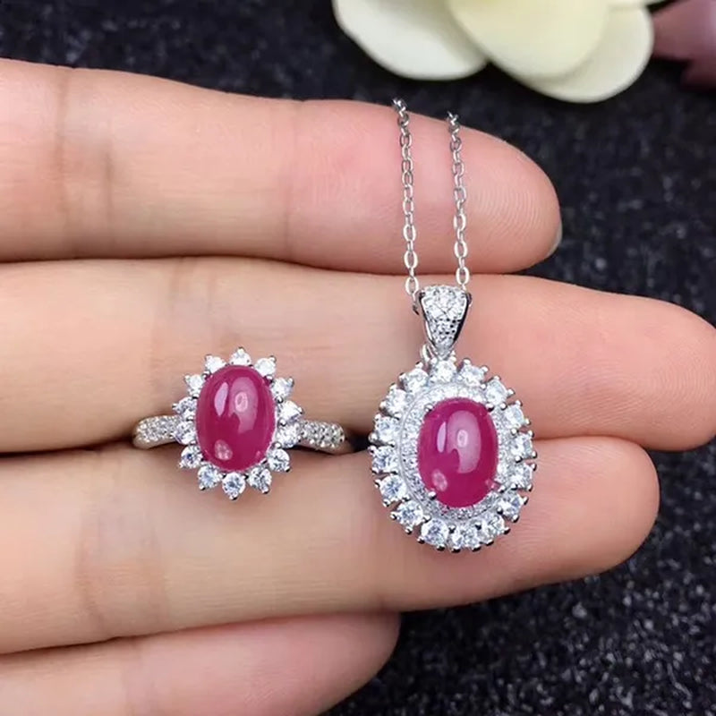Classic ruby ring pendant jewelry set for party 6 mm *8 mm Cabochon cut ruby jewelry set solid 925 silver ruby jewelry girl gift