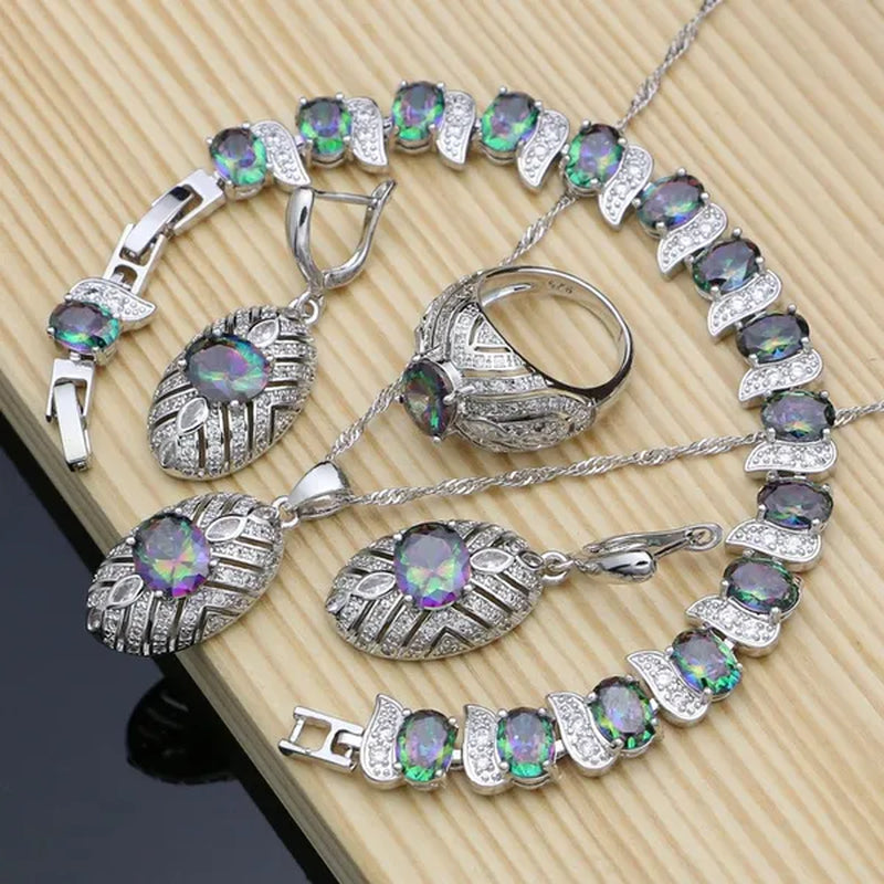 Mystic Rainbow Fire Topaz Jewelry Sets Women 925 Sterling Silver Jewelry Earrings/Pendant/Necklace/Rings/Bracelet
