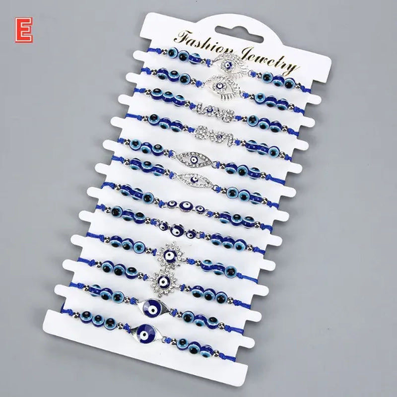 12 Pcs/Set Bohemian Handmade Braided Rope Charm Bracelets Rhinestone Blue Round Beads Evil Eye Bracelet for Women Men Friendship Jewelry Gifts