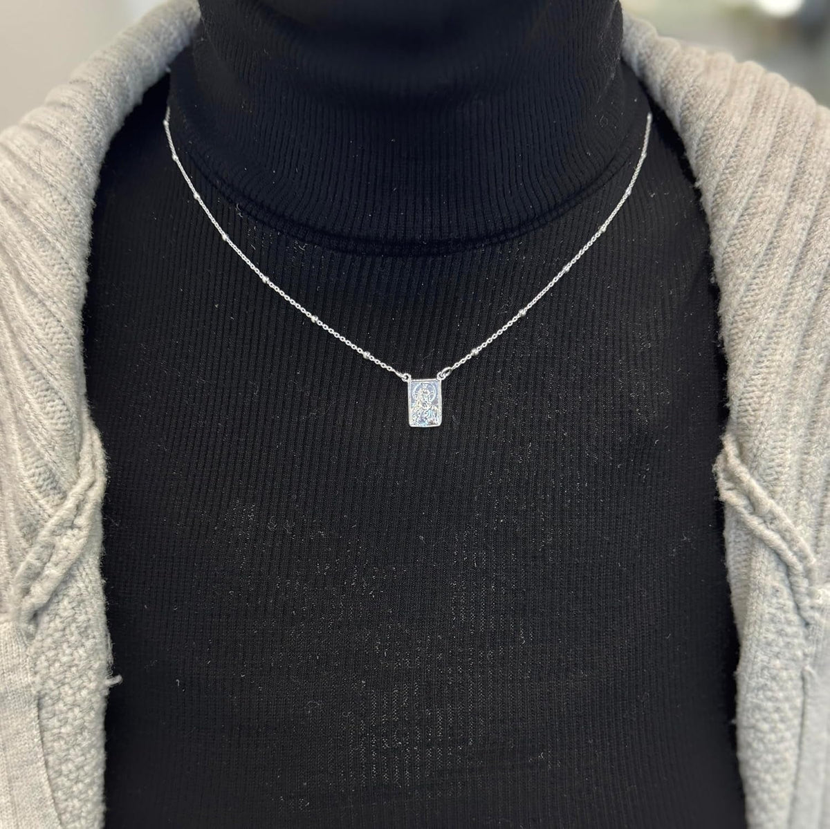 FRONAY Sterling Silver Scapular Necklace for Women, Sacred Heart of Jesus & Our Lady of Mount Carmel Medal, Double Sided Single Pendant, 16 Inches