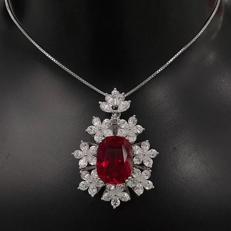 Fashion Women's 4 Prong Setting Oval Cut Ruby Pendant Side Stone Flower Lab Diamond Necklace Bridal Engagement Necklace Jewelry