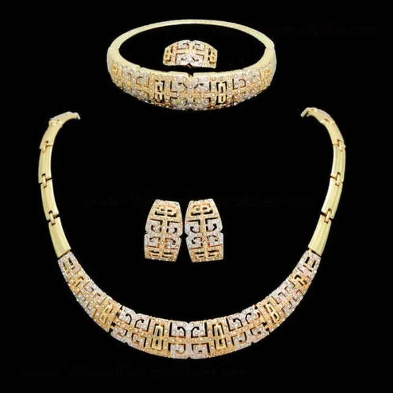 Fashion Jewelry Set Women Gold Plated Crystal Necklace Bracelet Earrings Gift Set
