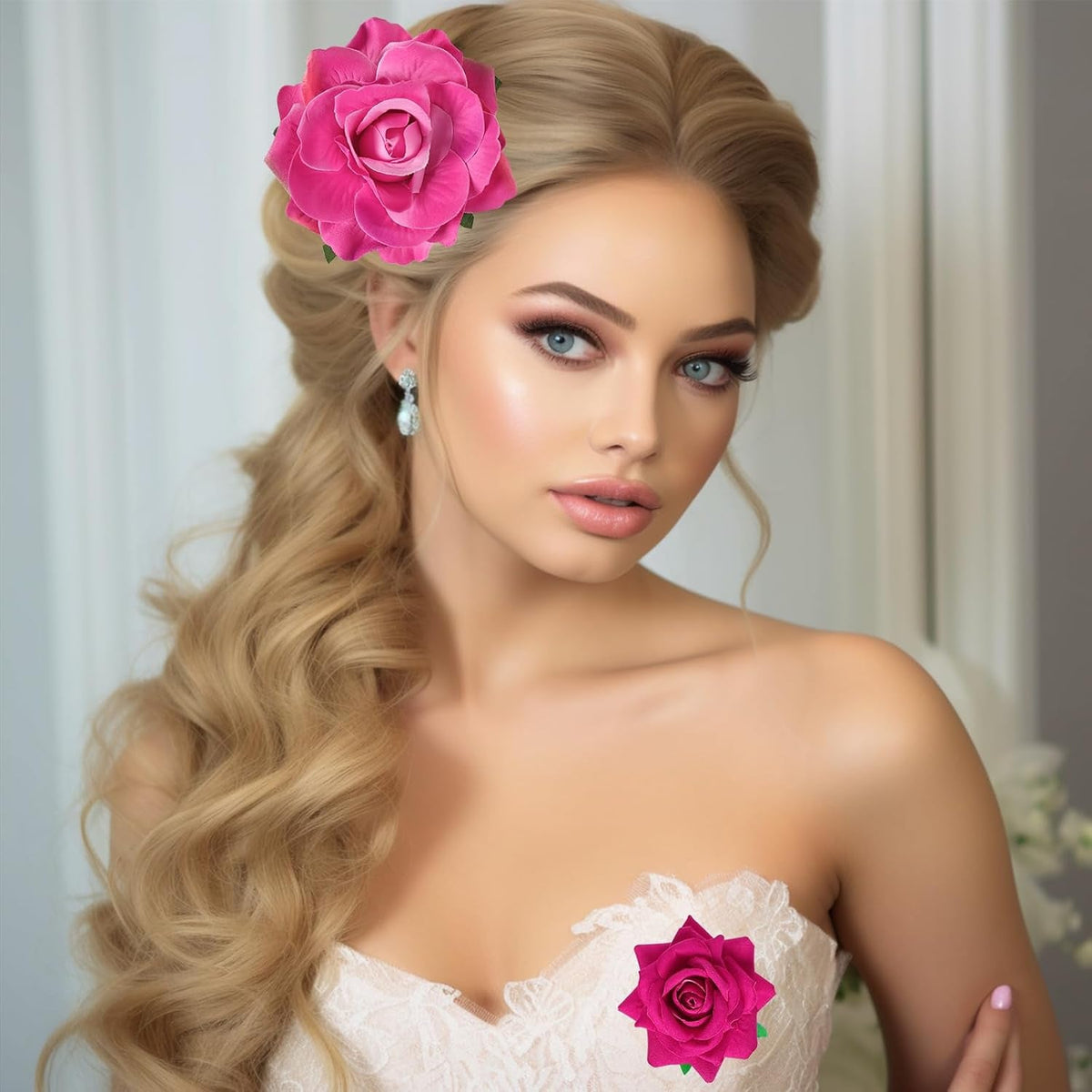 Rose Hair Clip Flower Hairpin Rose Brooch Floral Clips, 4 Pcs Fabric Rose Flowers Hair Clips Mexican Hair Flowers Pin up Headpieces for Woman Girl Wedding Party Mother'S Day (Hot Pink)