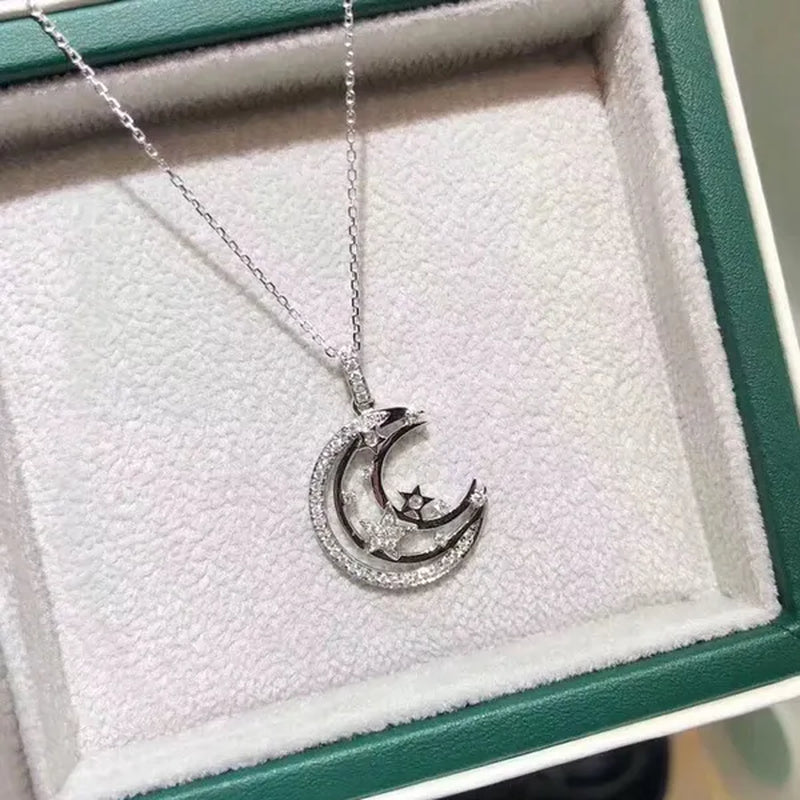 New Luxury Hollow Out Half Moon Zircon Pendant Necklace Silver Plated Engagement Wedding Elegant Clavicle Necklace for Women Fashion Necklaces Anniversary Gift