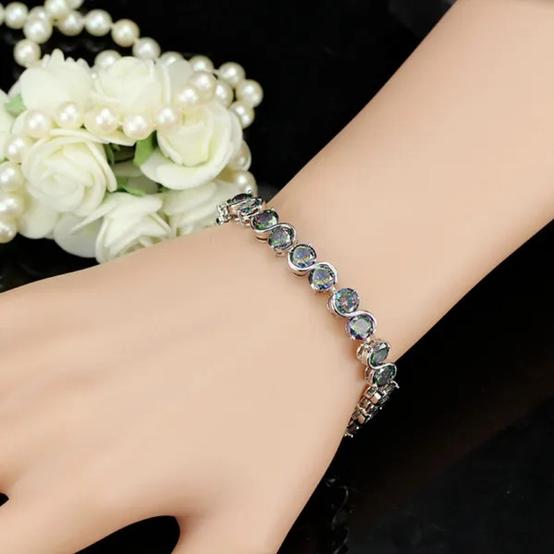 Gloriya Perfect Round Cut Mystic Rainbow Crystal Bangle Bracelets for Cocktail Party Lady Fashion CZ Silver Plated Jewelry Gifts