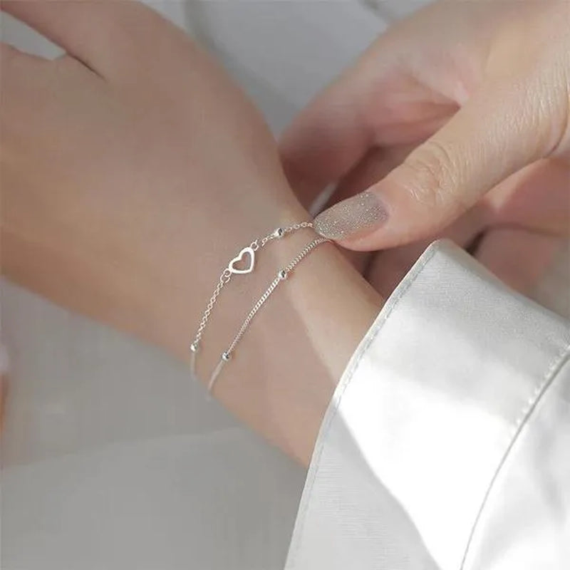 925 Sterling Silver Double Love Heart Hollow Round Beads Bracelet Female Fashion Romantic Jewelry Classic Adjustable