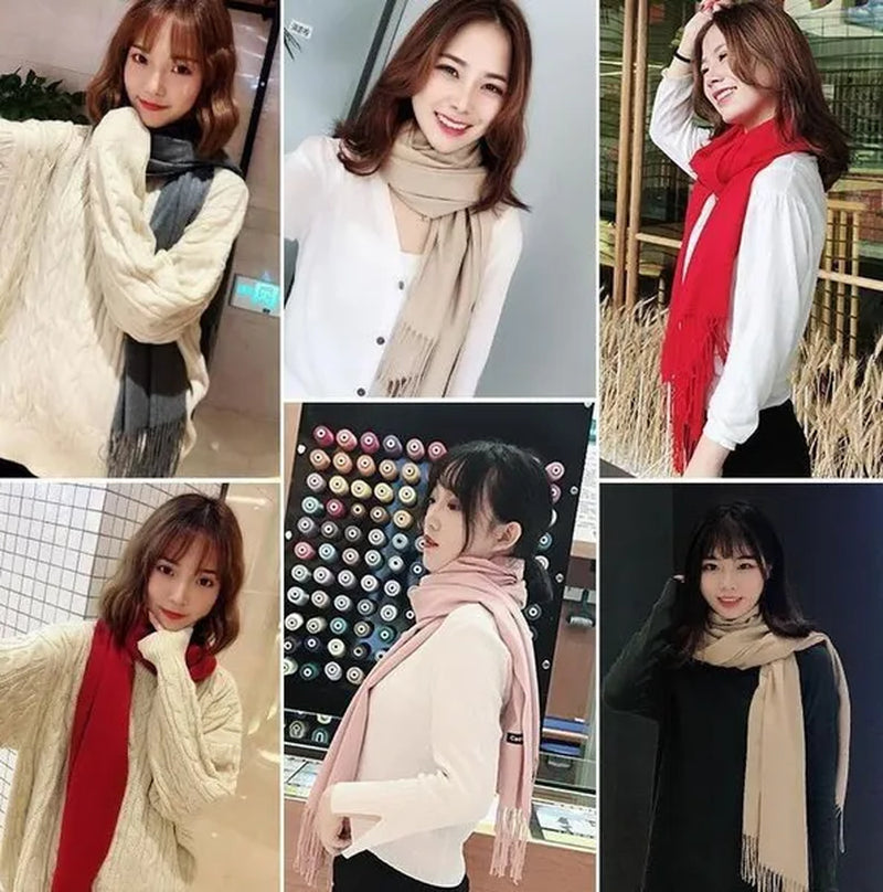 Women Cashmere Wool Scarf Wraps Warm Blanket Scarves Women Solid Color Cashmere Scarves with Tassel