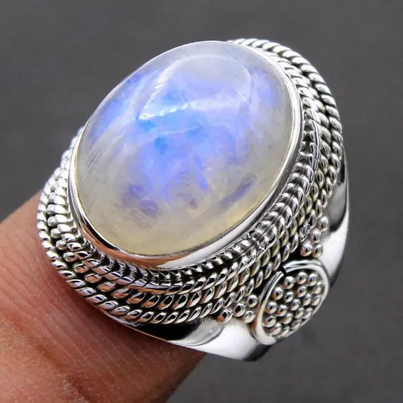 Natural Moonstone Ring Lady 925 Silver Jewelry Antique Party Ring Large Ellipse Gem Gift Wholesale