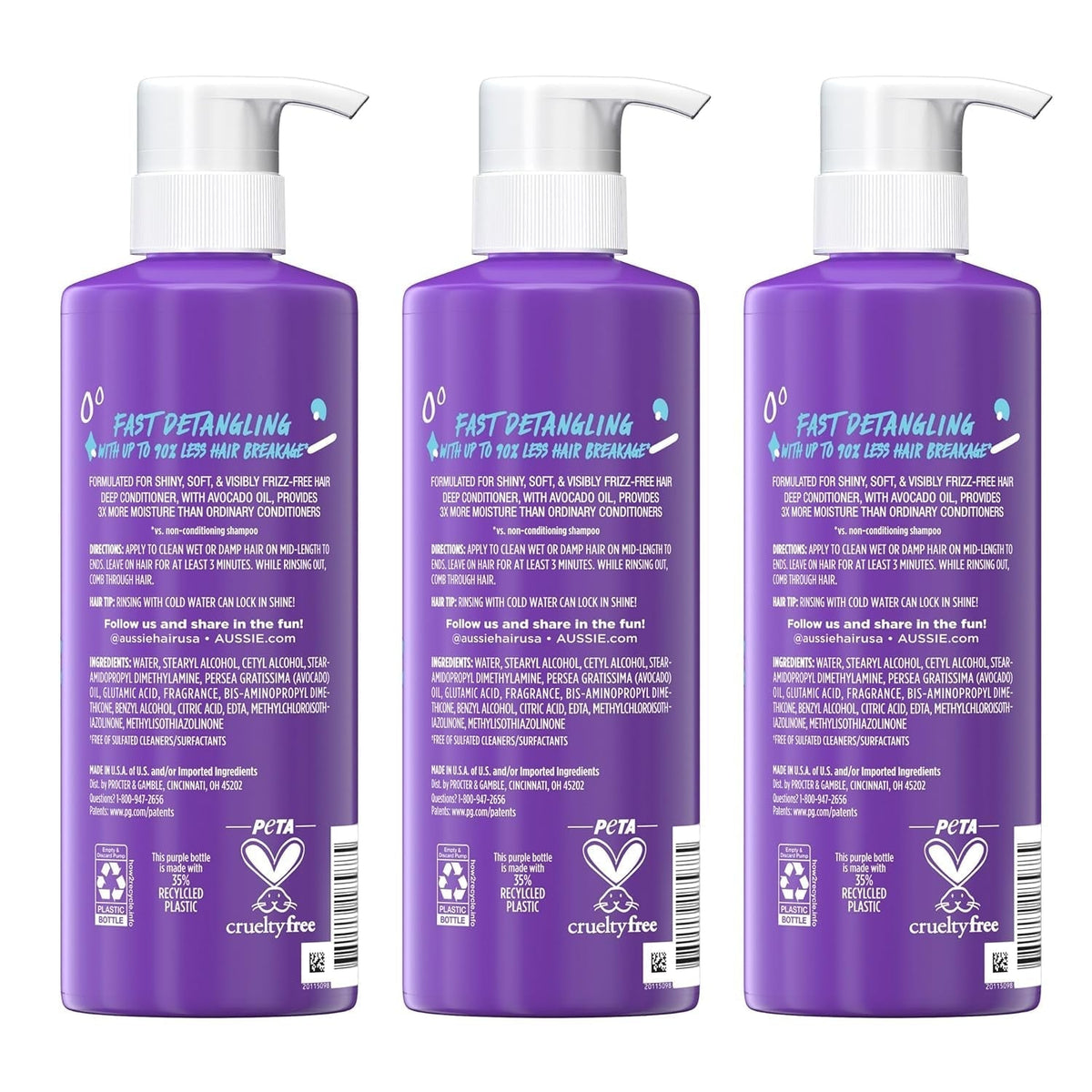 3 Minute Miracle Moist Deep Conditioner for Dry Hair, Avocado & Jojoba Oil, Safe for Color Treated Hair, Nourishing Hydration, Silky Shine, Paraben-Free, 16 Fl Oz Each, Triple Pack