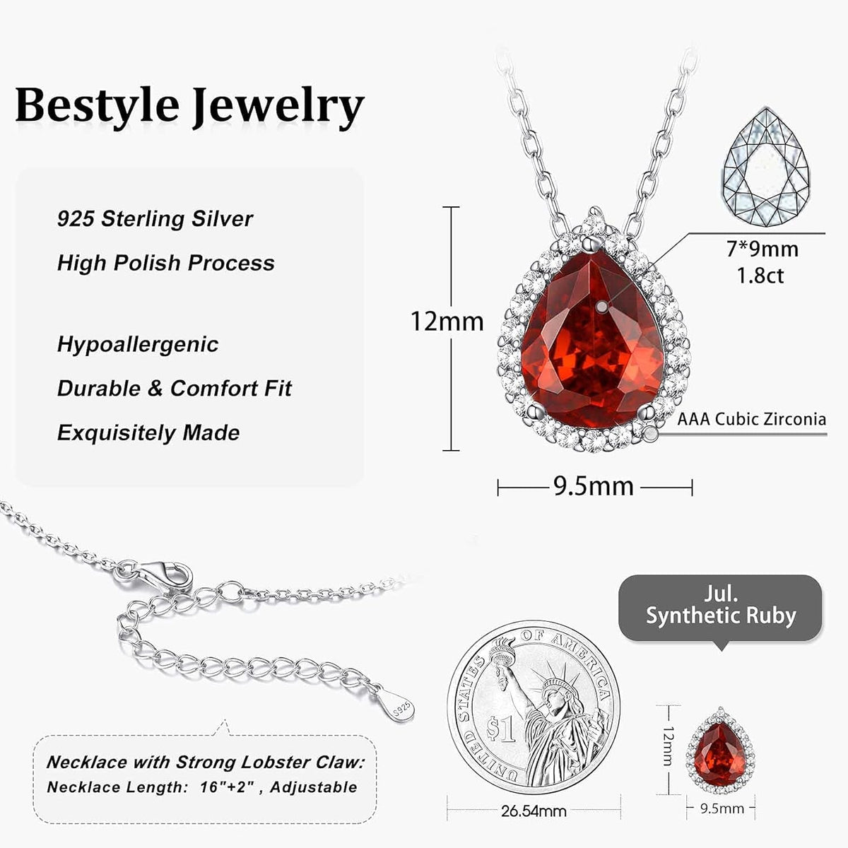 Sparkling 925 Sterling Silver Birthstone Necklaces for Women, Created Heart/Round/Teardrop/Square Crystal Solitaire Pendant Diamond Necklace, Great Birthday/Anniversary/Wedding Gifts