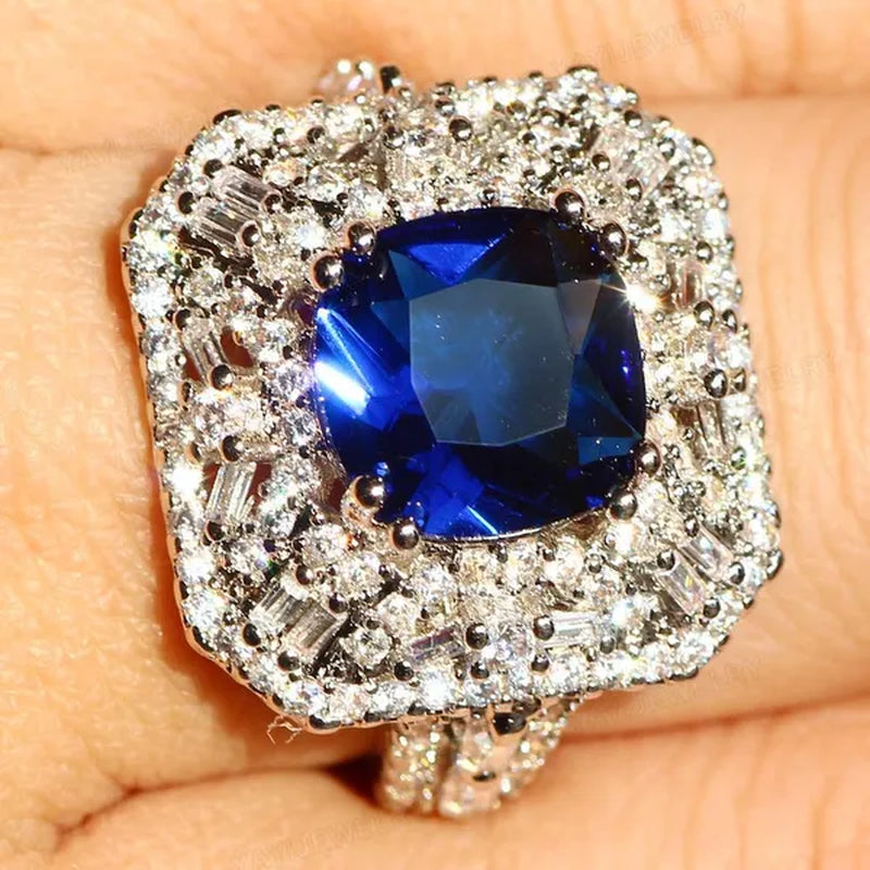 Luxury Silver White Sapphire & Ruby Ring Natural Gemstones Sapphire Ring Birthstone Engagement Rings Wedding Anniversary Bride Women Bowknot Princess Cross Flower Ring Size 6 7 8 9 10