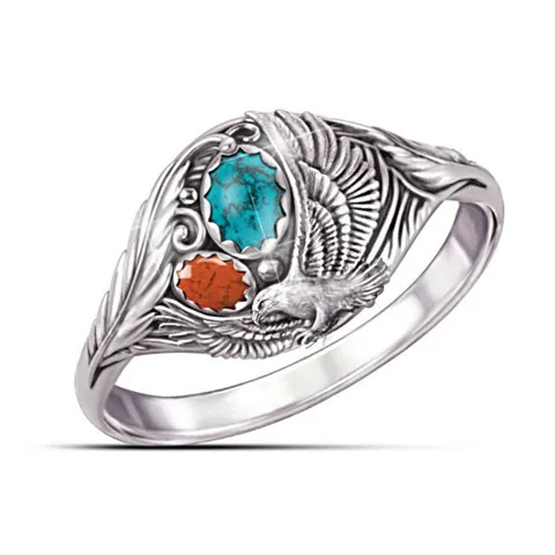 Exquisite Fashion Spirit of The Eagle Ring 925 Sterling Silver Native American-inspired Ring with Turquoise and Red Jasper Cabochons Sculpted Eagle and Feathers Design Engagement Wedding Gift Ring Jewelry Size 5-10