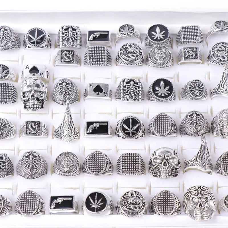 Pack of 20pcs Retro Punk Gothic Antique Silver Plated Metal Rings Jewelry For Men Women