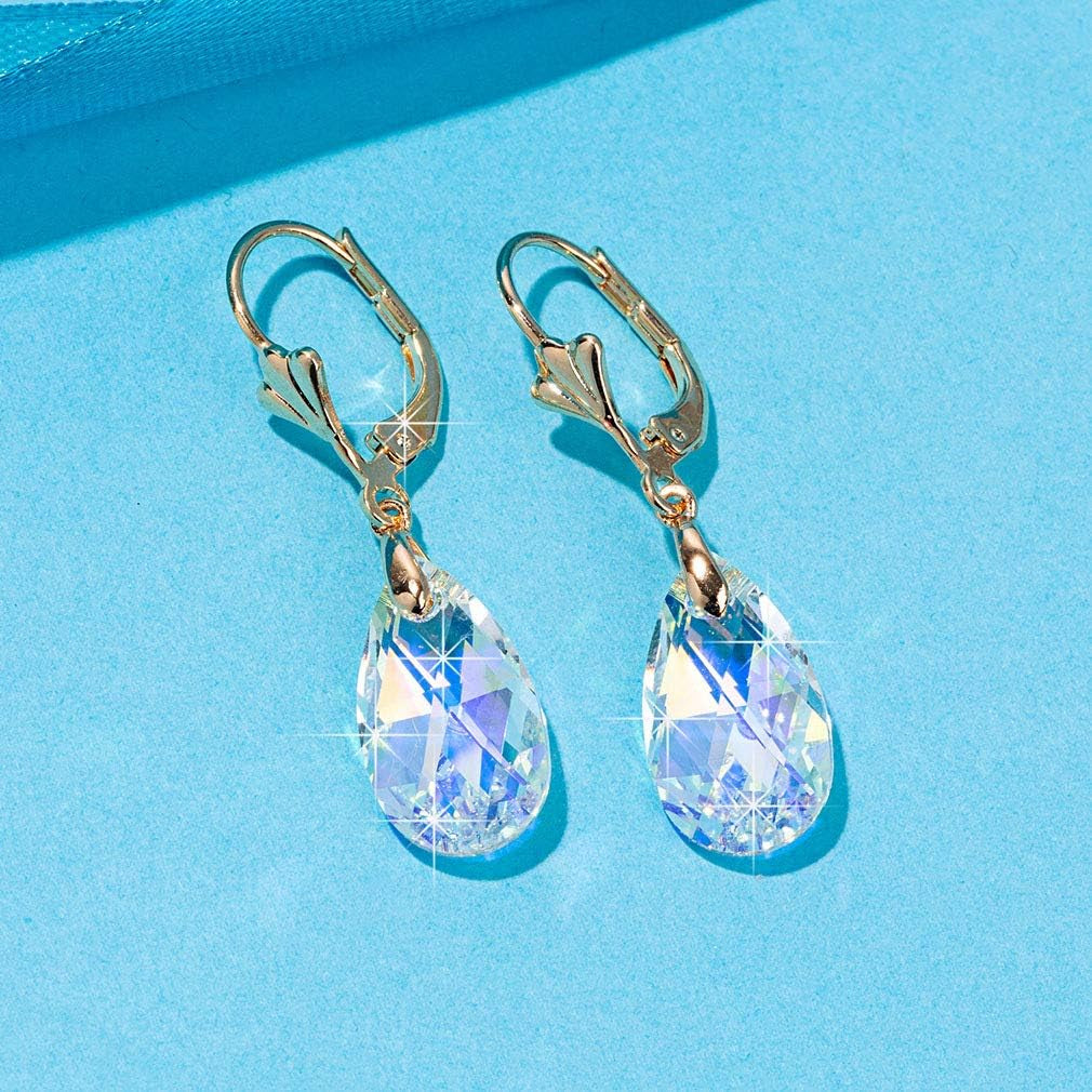 Austrian Crystal Teardrop Leverback Dangle Earrings for Women Fashion 14K Gold Plated Hypoallergenic Jewelry