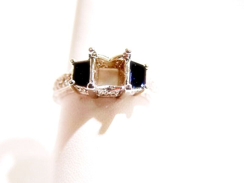ANTIQUE STYLE SETTING 2 BLUE SAPPHIRE TRAPEZOID CUT .88 CT ROUND DIAMOND SETTING