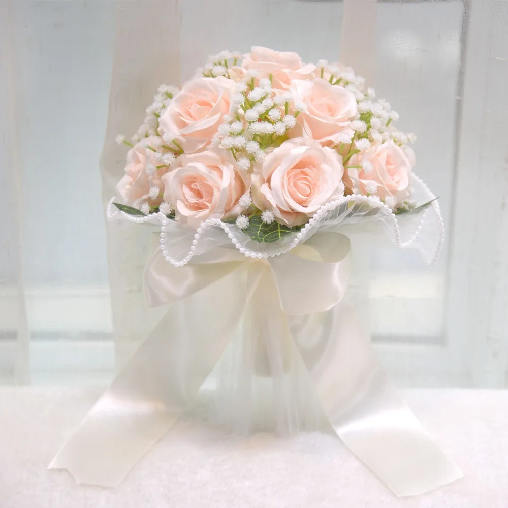 Baby's Breath Romantic Wedding Bouquets Artificial Silk Flowers Exquisite Bridal Bouquet Ribbon Pearl Lace White Rose Bouquet
