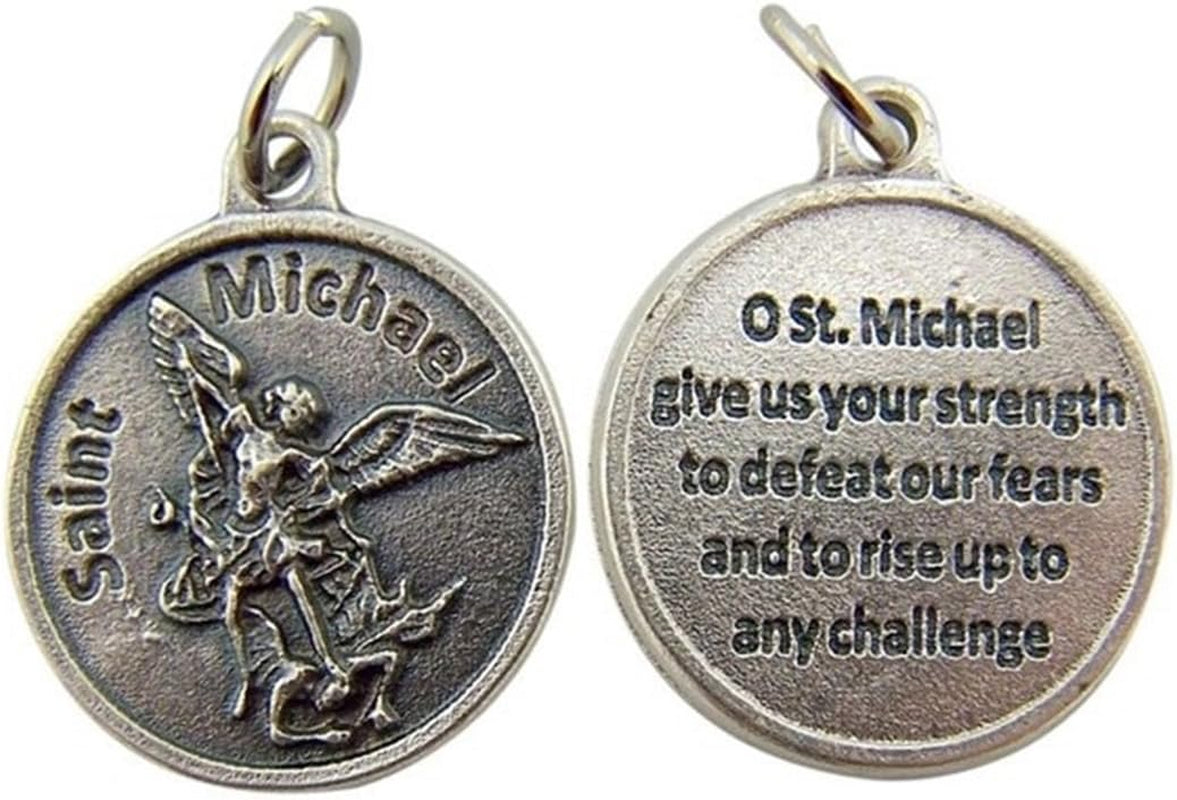 Silver Toned Base Catholic Saint Medal with Prayer Protection Pendant, 3/4 Inch