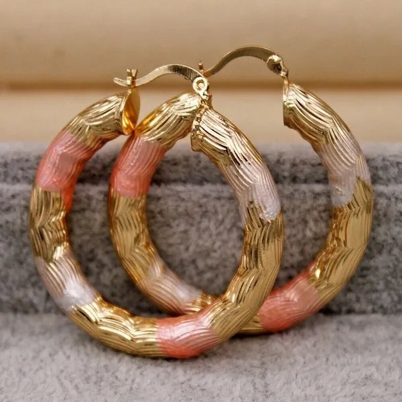 Gold Color Hoop Earrings for Women's Filled - Crude Tube Swirl Multilayer Circle 3-Color Plated Earrings