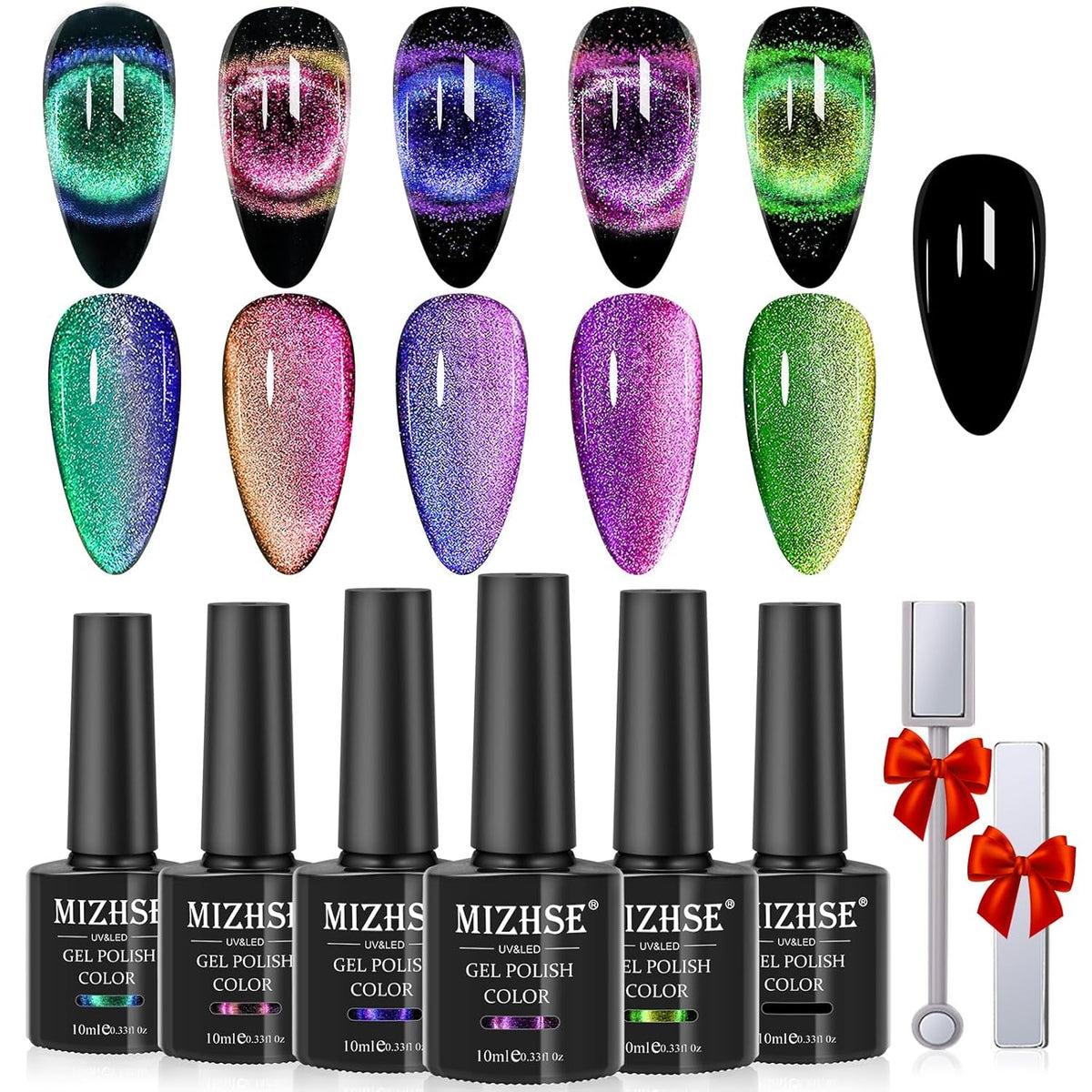 9D Cat Eye Gel Nail Polish, Magnetic Cat Eye Gel Polish Set, 10Ml*6 with 2 Magnets, Classic Colors Chameleon Magic Galaxy Effect Soak off Nail Art, Sparkle Stunning Gel Polish Gift for Women