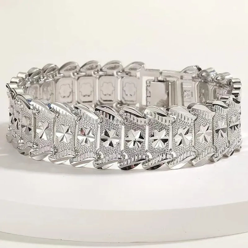 FASHION 925 Sterling Silver Men's Flower Detail Chain Bracelet