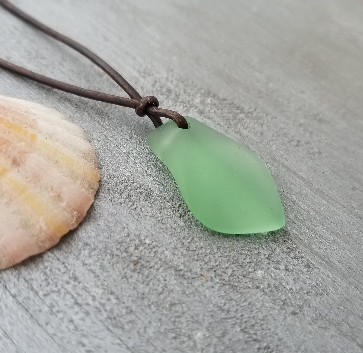 Handmade Leather Cord Puff Sea Glass Necklace, Unisex Jewelry, (Hawaii Gift Wrapped, Customizable Gift Message)⦠(Peridot - August)