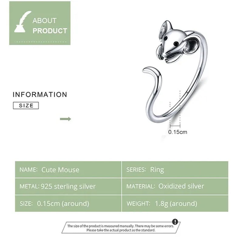 2020 Animal Rat Open Ring 925 Sterling Silver Cute Little Mouse Adjustable Ring for Women Fashion Jewelry