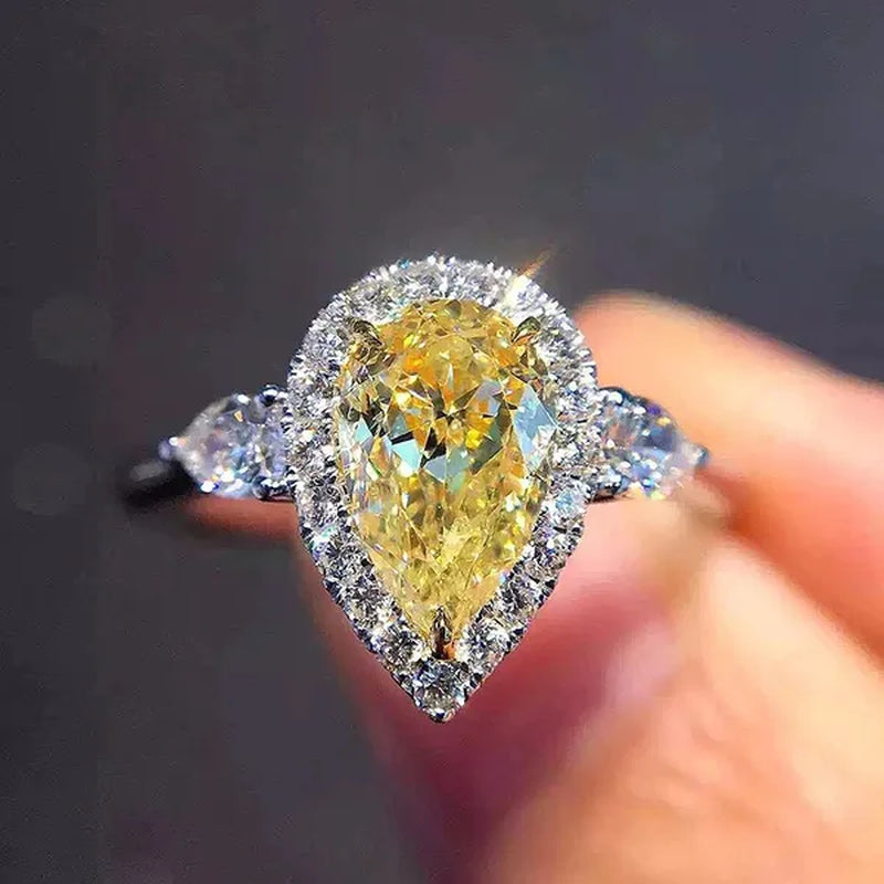 Women Fashion Silver Plated Teardrop Citrine Lab Diamond Wedding Engagement Ring for Women Natural Gemstones Jewelry Ring Size 6-10