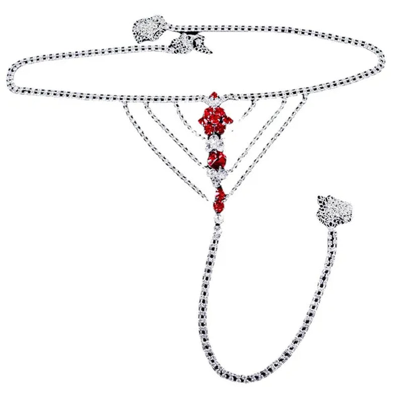Sexy Body Chain Lingerie Red Crystal Thong Panties Jewelry for Women Silver Color Rhinestone Belly Waist Chain Body Jewelry