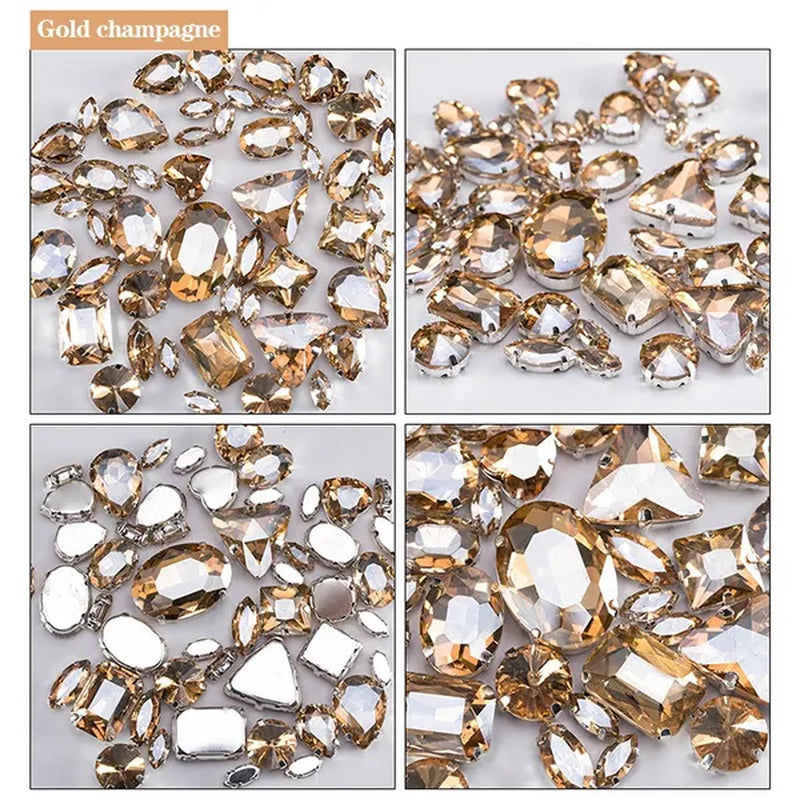 50PCS Mix Size Gold Champagne Glass Rhinestones for Clothing Loose Flatback Dress Stones Decorative Crystal Sew on Rhinestones