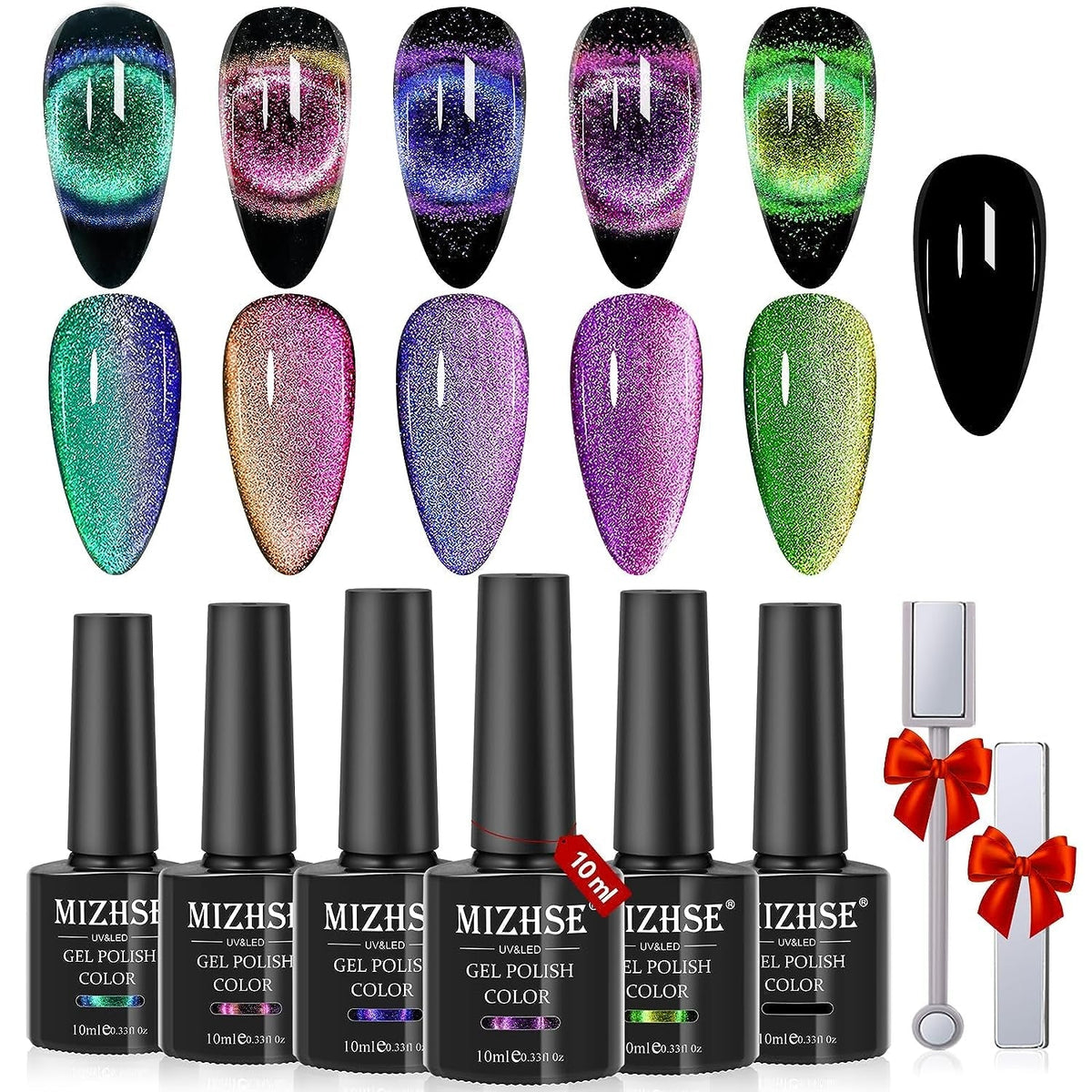 9D Cat Eye Gel Nail Polish, Magnetic Cat Eye Gel Polish Set, 10ml*6 with 2 Magnets, Classic Colors Chameleon Magic Galaxy Effect Soak off Nail Art - Sparkle Stunning Gel Polish Gift for Women