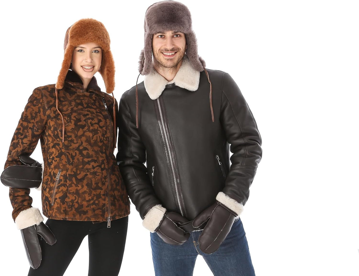 Leather Aviator Shearling Ushanka Trapper Hat Russian Sheepskin Cap Real Fur Winter Hat with Ear Flaps for Men Women