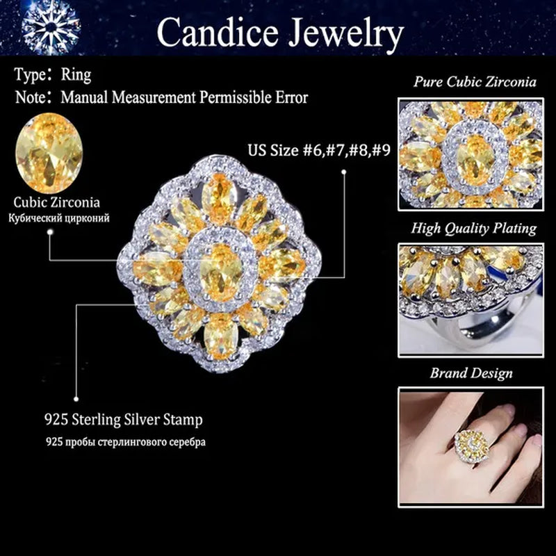 CANDICE Sparkling AAA Oval Yellow Cubic Zirconia Women Sterling Silver Plated Ring for Wedding Party(Us SIZE 6-9)