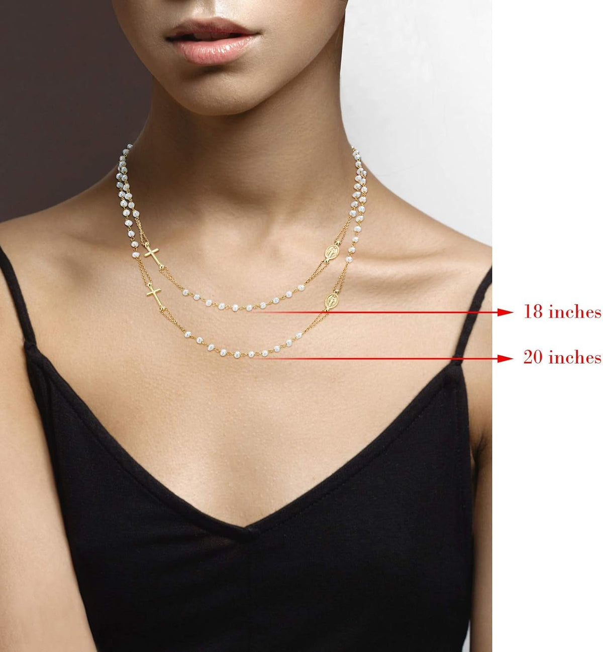 18K Gold over 925 Sterling Silver Handmade Italian White Freshwater Pearl Ball Beaded Sideways Rosary Cross Necklace for Women, Made in Italy