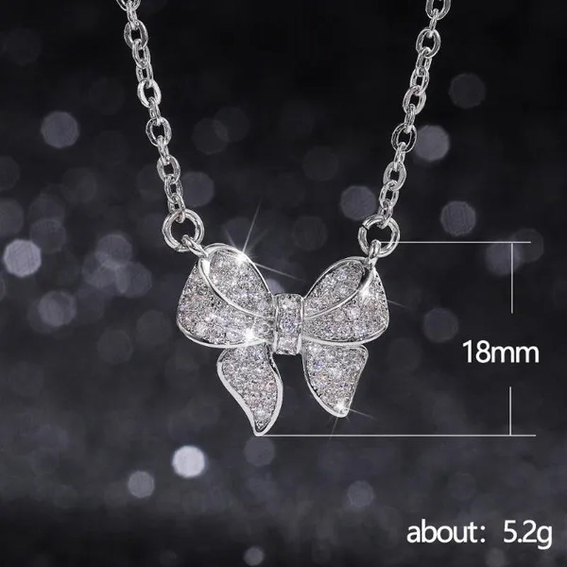 New Fashion Elegant Silver Plated Bow Knot Diamond Pendant Neckalce Engagement Clavicle Necklace for Women Simple Temperament Wedding Anniversary Jewelry Accessory