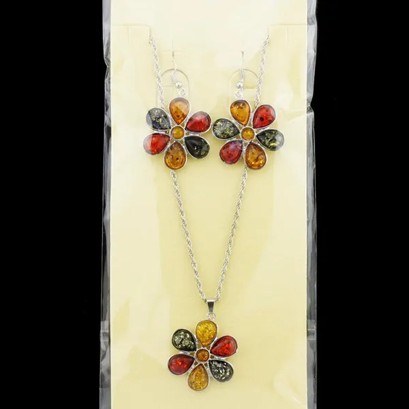 Colorful Baltic Amber Honey Flower Earrings 18k Platinum Plated Necklace Women's Wedding Jewelry Set