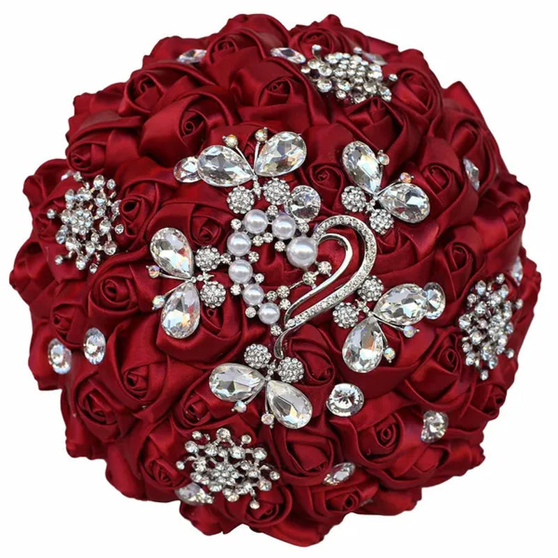 18CM Butterfly Love Diamond Brooch Bridal Bouquet Ribbon Silk Rose Wedding Simulation Flower Bouquet Handmade Bridesmaid Holding Flowers