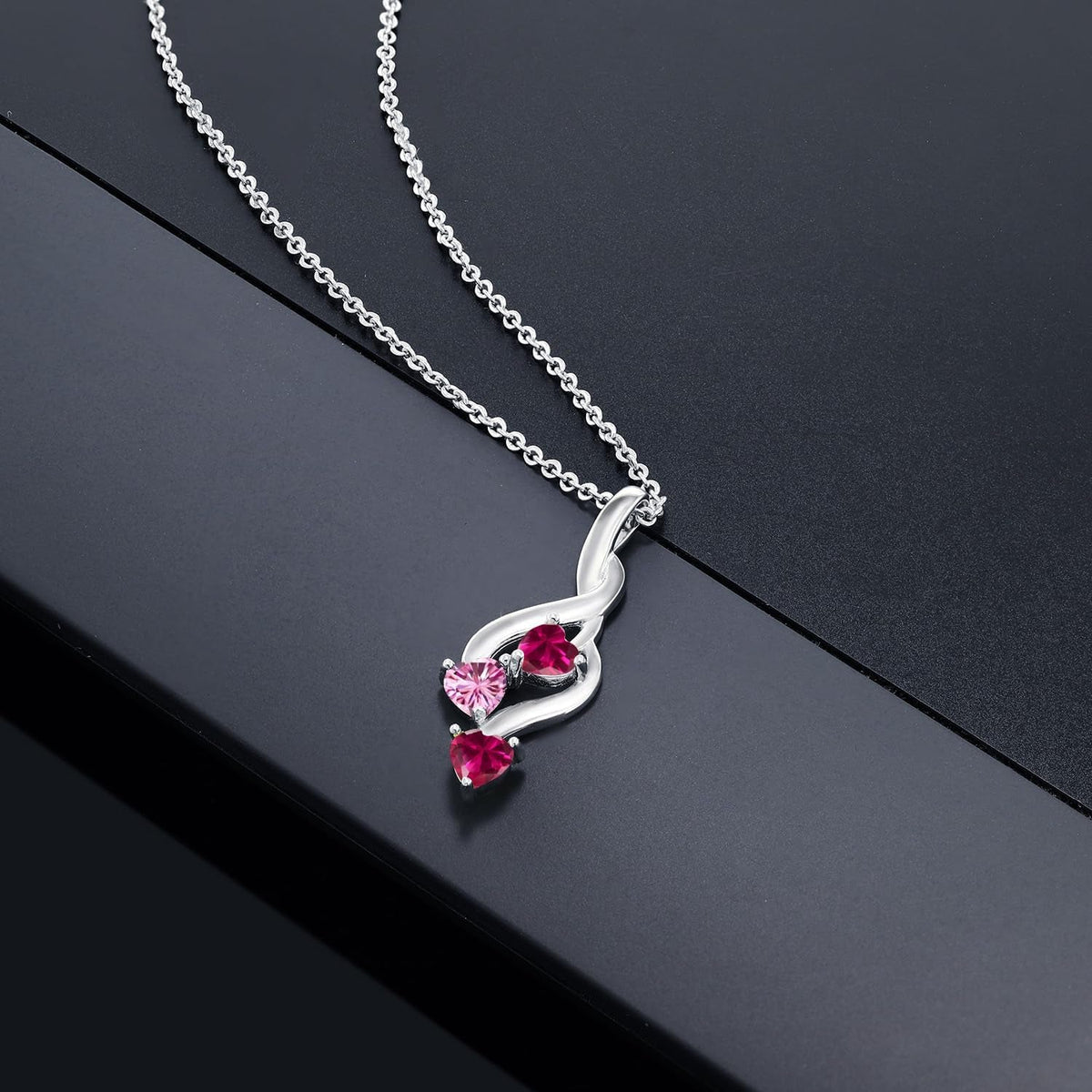 925 Sterling Silver Red Created Ruby and Pink Moissanite Pendant Necklace for Women (0.85 Cttw, Gemstone July Birthstone, Heart Shape 4MM, with 18 Inch Silver Chain)