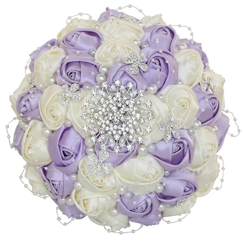 21CM Silk Rose Pearl Rhinestone New Style Bridal Bouquet Wedding Supplies Diamond Brooch Bouquet Bridesmaid Holding Flowers