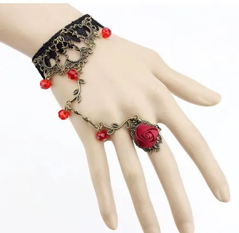 Victorian Style Black Lace Floral Rose Flower Link Chain Slave Bracelet Ring Set Goth