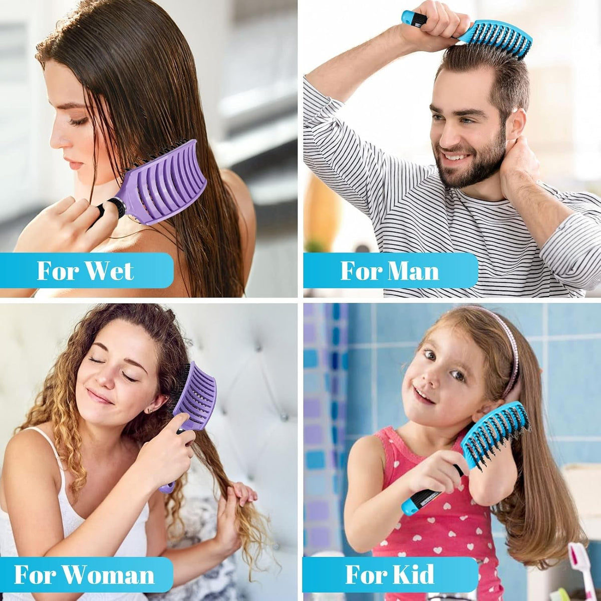Boar Bristle Hair Brush 2 Pack, Wet & Dry No Pull Curved Vented Hair Brush, Styling Voremy Magical Brush Detangler for Kids & Men, Hairbrush for Women Can Adds Shine & Smooth Curly Thick Hair
