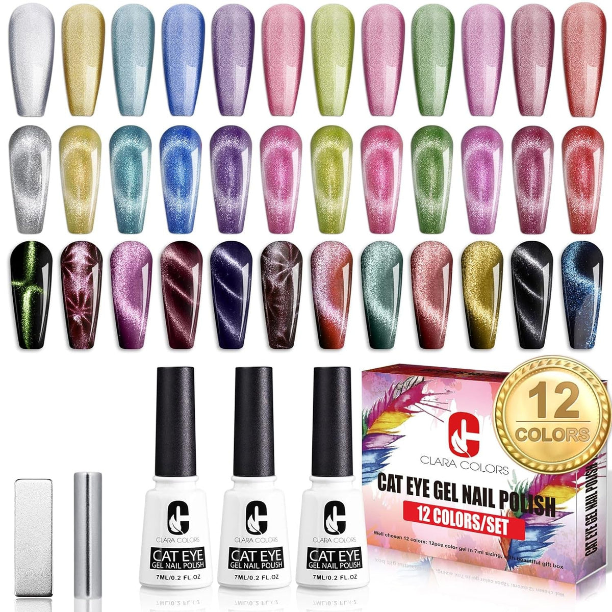 Cat Eye Gel Nail Polish Set of 12 Colors Magnetic Nail Polish Set Holographic Glitter 9D Galaxy Series Cat Eye Gel Polish Set with 2 Magnet Stick for Home DIY Soak Off UV LED