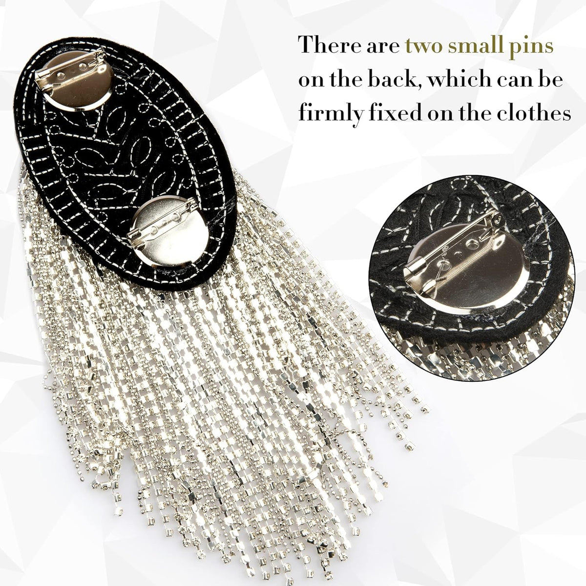 2 Pieces Tassel Epaulets Metal Fashion Shoulder Jewelry Rhinestones Cloth Accessories Brooches for Women, 2×3.7In (Silver)