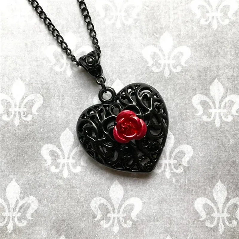 Black Filigree Heart Necklace with Red Rose, Gothic Victorian Pendant, Romantic Valentine Gift For Girlfriend Wife, Alternative Jewelry