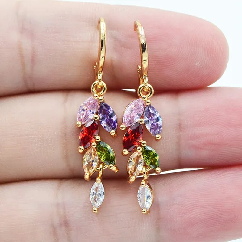 Women Fashion Multicolor Cubic Zirconia CZ Leaf Drop Earrings Jewelry