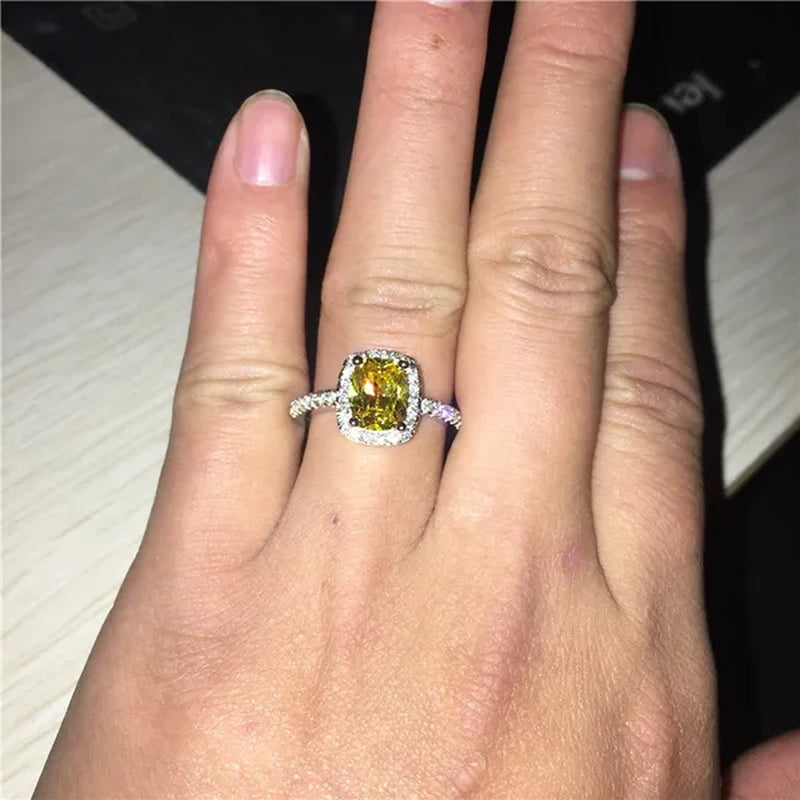 New Quality wholesale 100% Real Pure 925 Sterling Silver 3ct Yellow Topaz Square CZ Diamond rings Elegant Women Engagement Wedding Rings